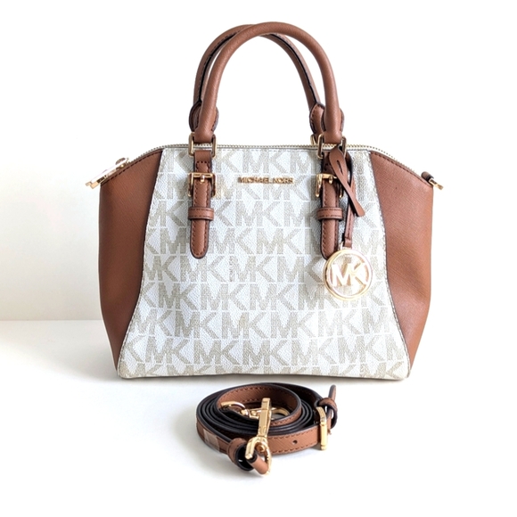Michael Kors Ciara Medium Logo Printed Coated Canvas Leather Satchel Cream Brown - Picture 1 of 15